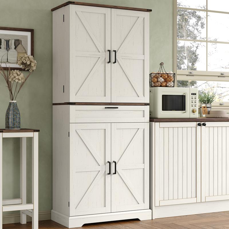 Rustic White Freestanding Pantry Storage Cabinet with Shelves