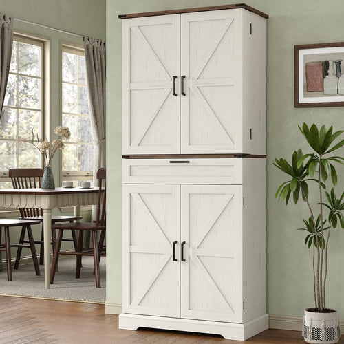 Rustic White Freestanding Pantry Storage Cabinet with Shelves