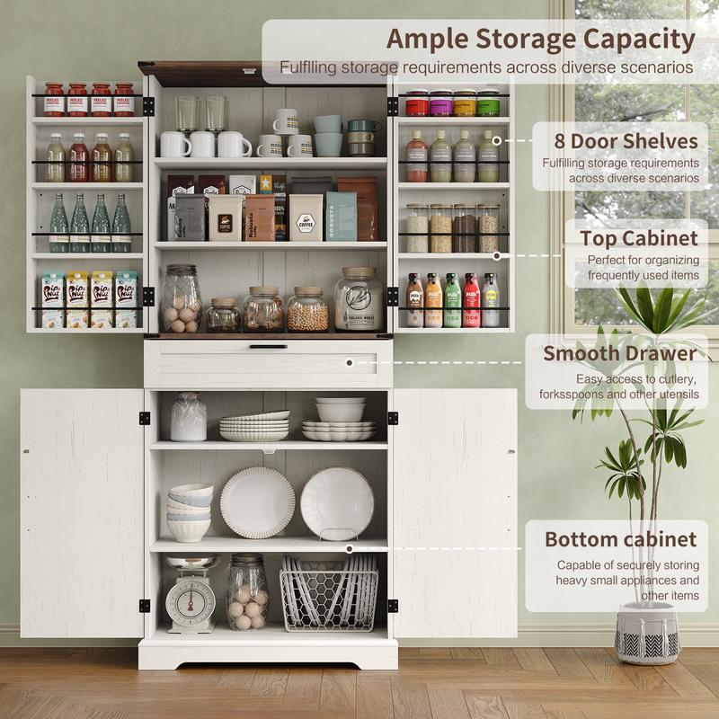 Rustic White Freestanding Pantry Storage Cabinet with Shelves