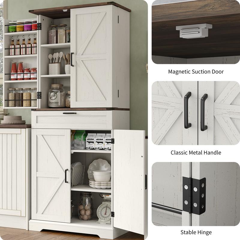 Rustic White Freestanding Pantry Storage Cabinet with Shelves