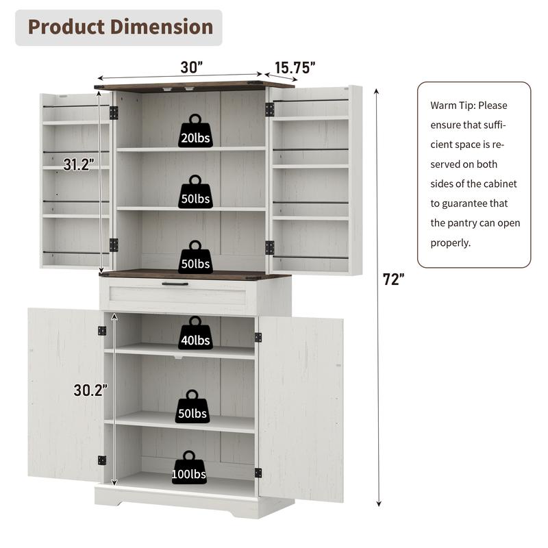 Rustic White Freestanding Pantry Storage Cabinet with Shelves